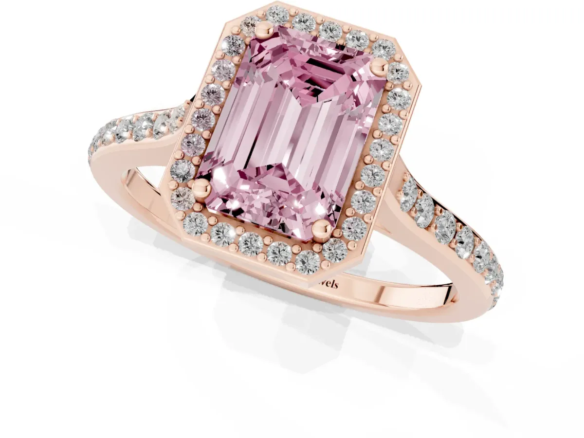 Fancy Pink Emerald Cut Diamond Halo Engagement Ring with Round Pavé Shoulders and Prong Setting Rose gold