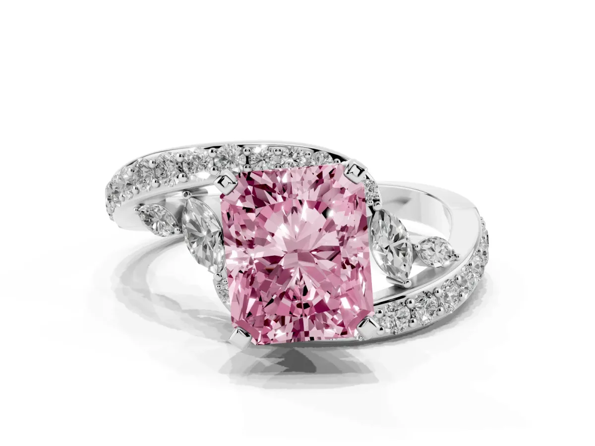 Fancy Pink Radiant Cut Solitaire with Pavé Twist Band and Four-Prong Setting Platinum