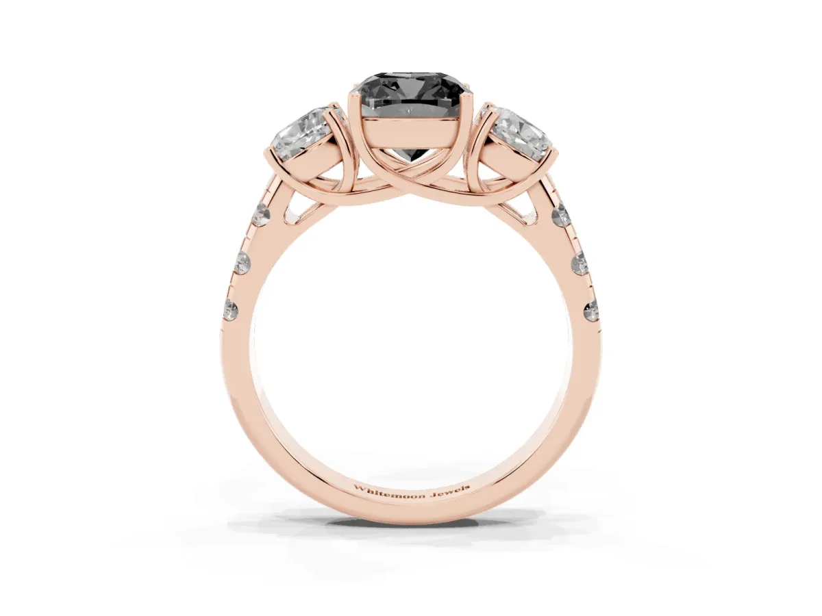 Fancy Black Three-Stone Cushion Cut Diamond Pavé Band with Prong Setting Rose gold