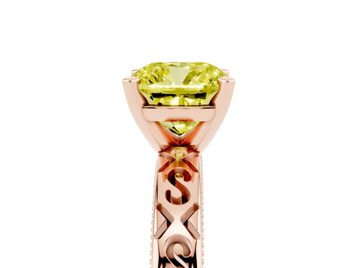 Fancy Yellow Cushion Cut Solitaire Engagement Ring with Scrollwork Band and Four-Prong Setting Rose gold