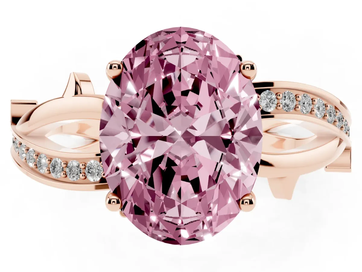 Fancy Pink Oval Cut Solitaire Twist Band with Pavé Accents and Four-Prong Setting Rose gold