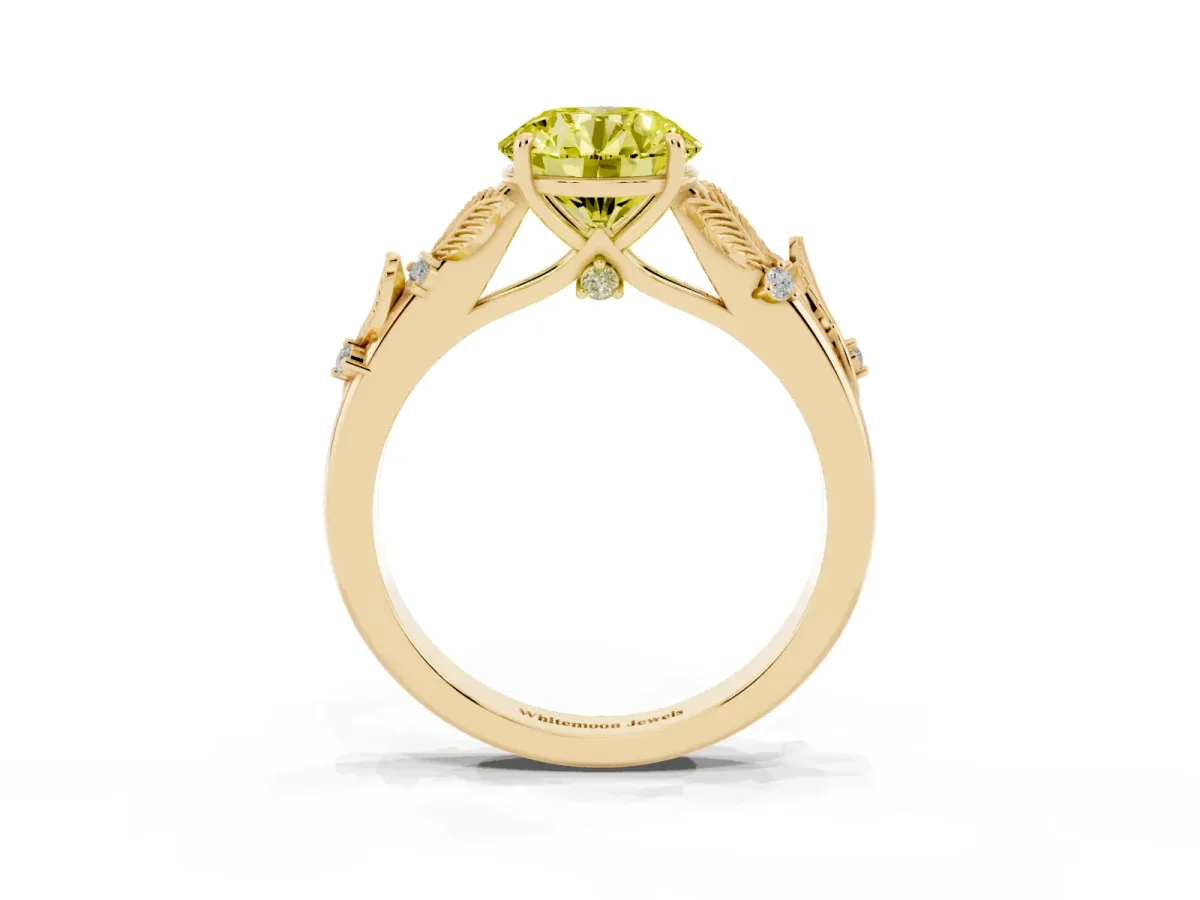 Fancy Yellow Round Cut Diamond Solitaire Ring with Leaf Motif Band and Four-Prong Setting Yellow gold