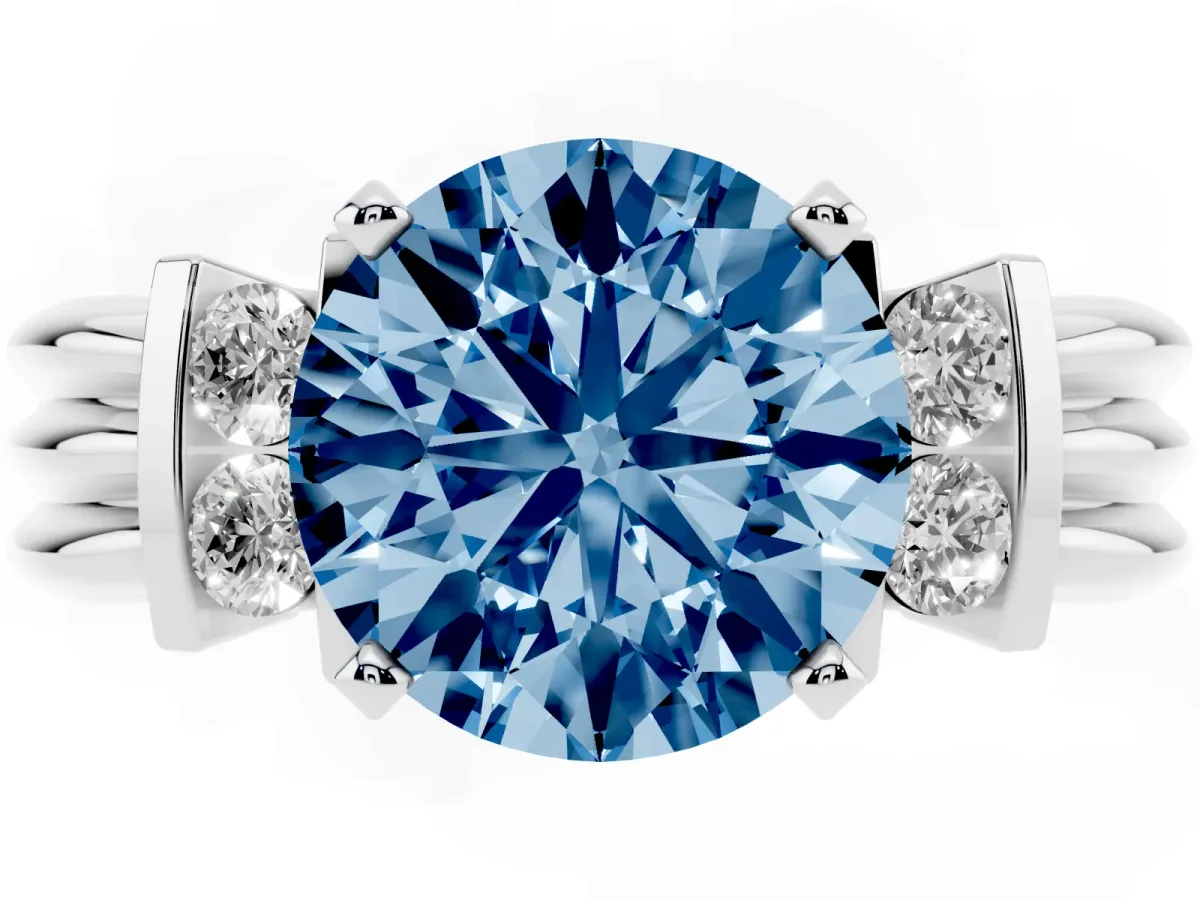 Fancy Blue Round Cut Cut Three-Stone Channel Set Ring with Bar Prongs Silver