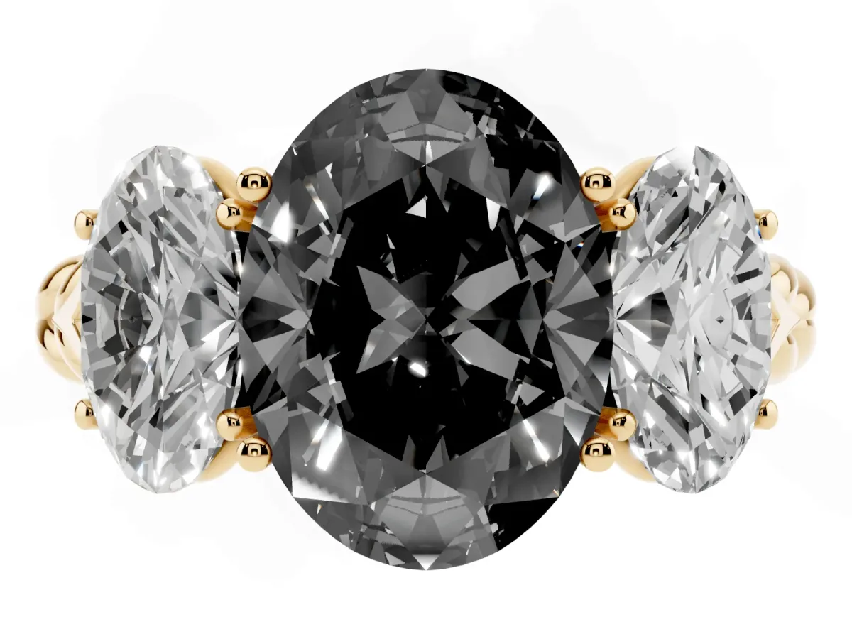 Fancy Black Three-Stone Oval Cut Diamond Braided Band Ring with Four-Prong Setting Yellow gold