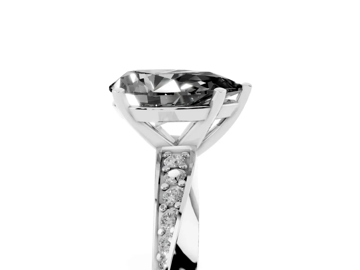 Fancy Black Pear Cut Diamond Engagement Ring with Side Stone Accents and Four-Prong Setting Silver