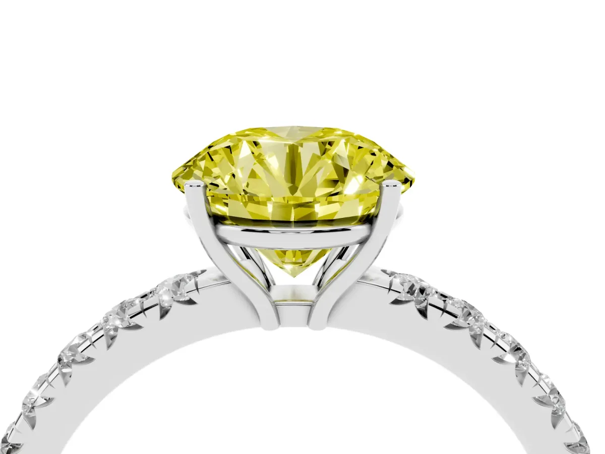 Fancy Yellow Round Cut Diamond Pavé Solitaire Engagement Ring with Four-Prong Setting Platinum