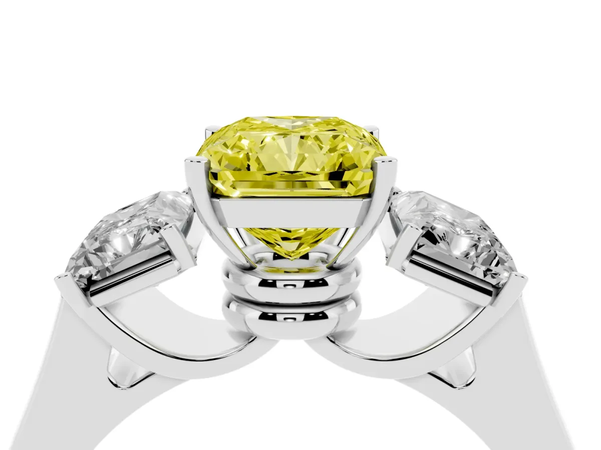 Fancy Yellow Three-Stone Radiant Cut Brilliant Diamond Trellis Ring with Comfort Fit Band Platinum