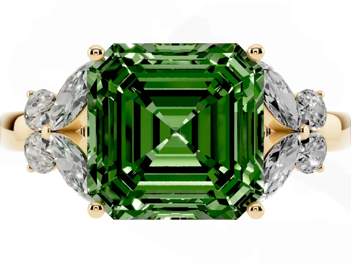 Fancy Green Asscher Cut Cut Solitaire Floral Diamond Ring with Four-Prong Setting Yellow gold