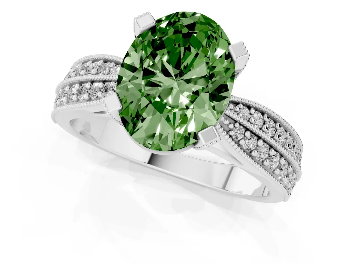 Fancy Green Oval Cut Diamond Solitaire Ring with Milgrain Round Pavé Band and Prong Setting White gold