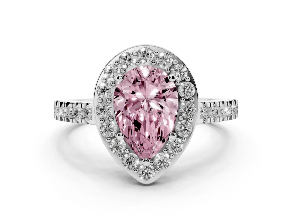 Fancy Pink Pear Cut Diamond Halo Ring with Round Pavé Split Shank and Prong Setting Silver