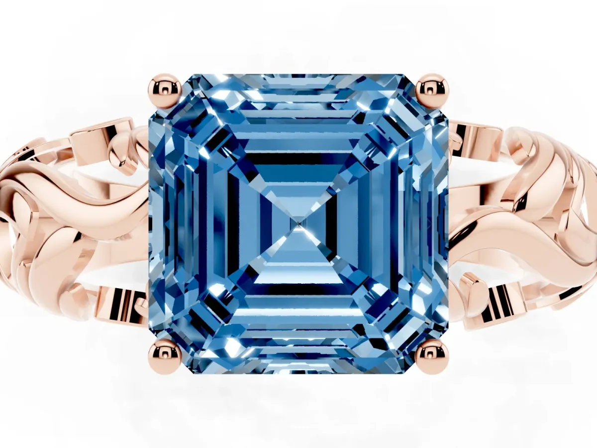 Fancy Blue Asscher Cut Solitaire Diamond Leaf-Inspired Vine Band Ring with Prong Setting Rose gold