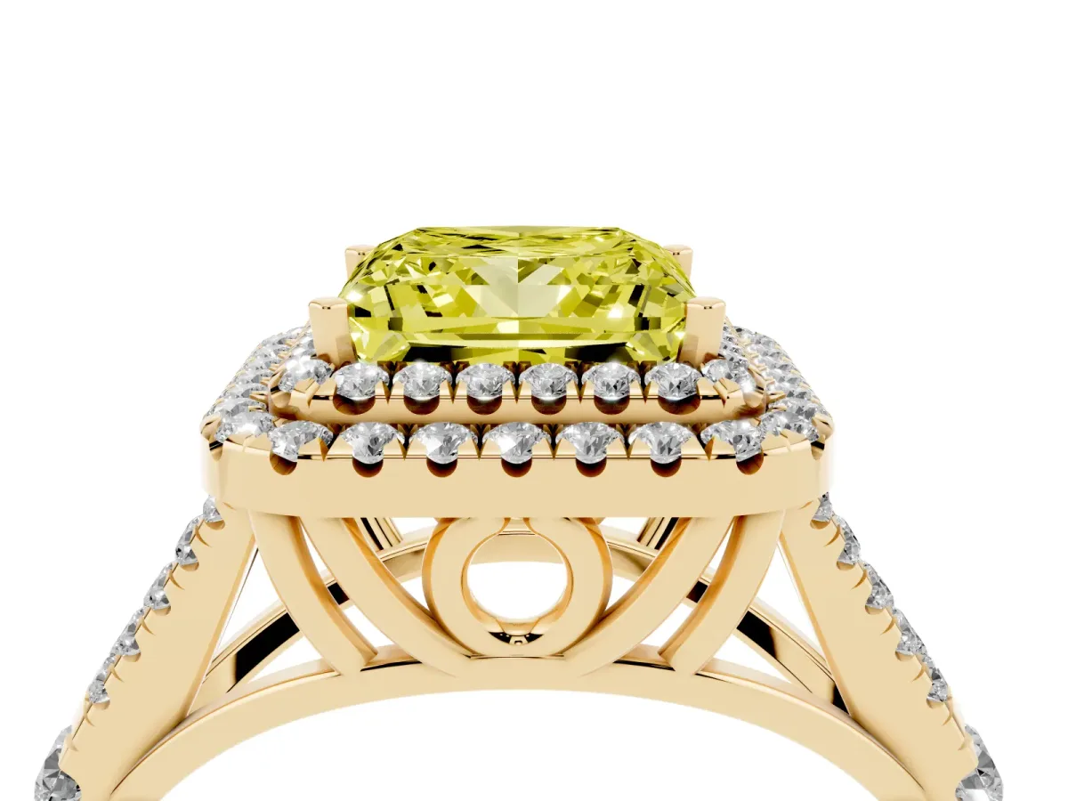 Fancy Yellow Princess Cut Cut Double Halo Split Shank Diamond Ring with Prong Setting Yellow gold