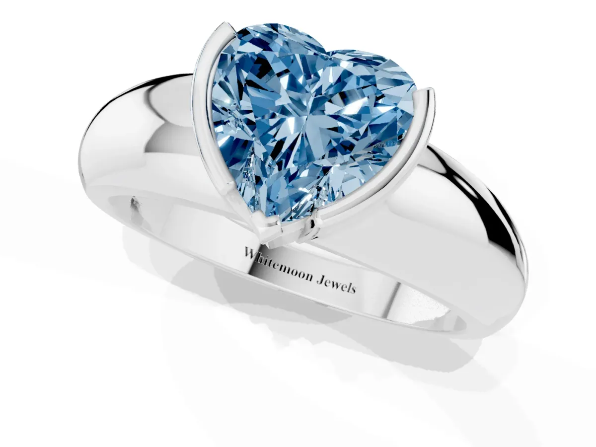 Fancy Blue Heart Cut Solitaire Tension Set Diamond Ring with Wide Band Silver