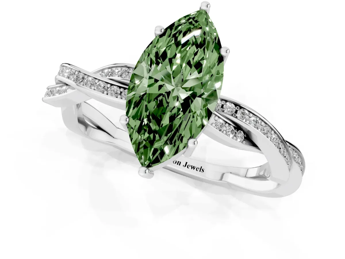 Fancy Green Marquise Cut Solitaire Twisted Pave Diamond Ring with Four-Prong Setting Silver