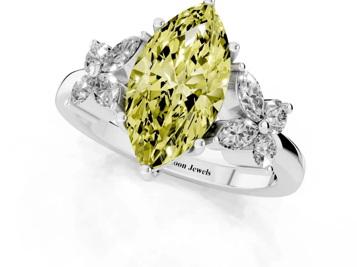 Fancy Yellow Marquise Cut Diamond Floral Cluster Ring with Solitaire Band and Prong Setting Silver