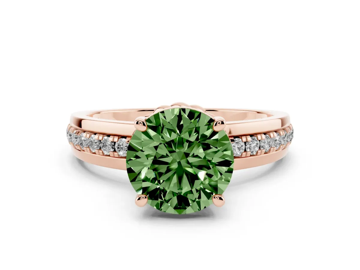 Fancy Green Round Cut Solitaire Diamond Ring with Channel Set Band and Six-Prong Setting Rose gold