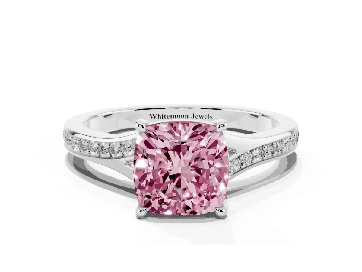 Fancy Pink Cushion Cut Diamond Solitaire Ring with Pavé Band and Prong Setting Silver