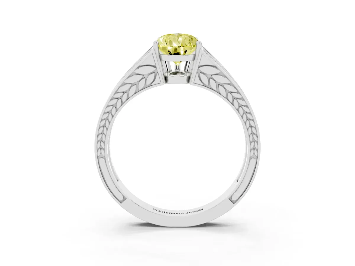 Fancy Yellow Pear Cut Diamond Split Shank Ring with Pavé Band and Four-Prong Setting Silver