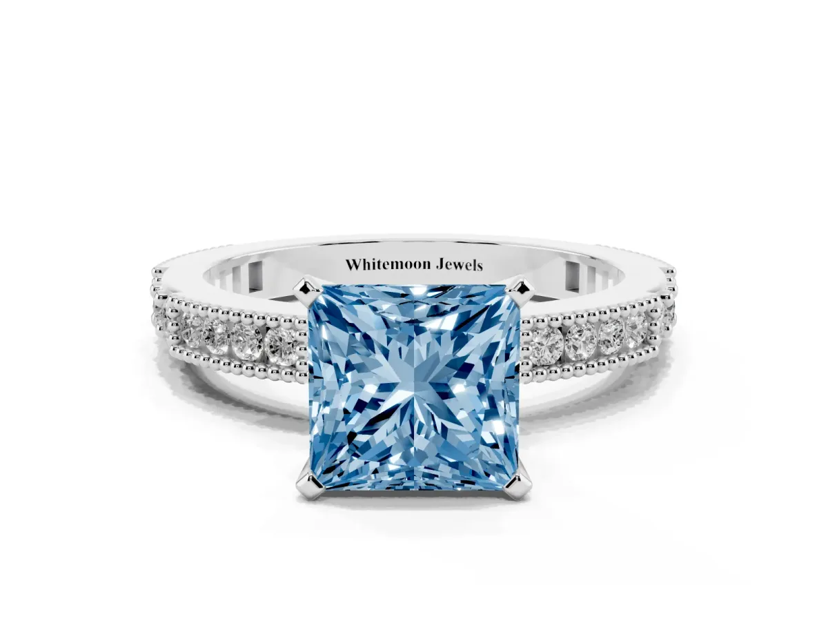 Fancy Blue Princess Cut Solitaire with Pavé Band and Four-Prong Setting Silver