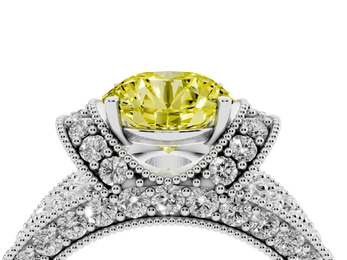 Fancy Yellow Round Cut Halo Pave Diamond Engagement Ring with Milgrain Detailing Silver