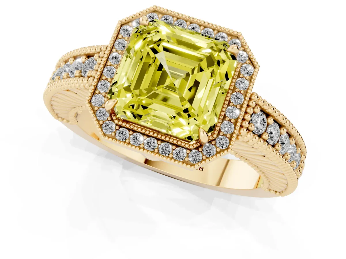 Fancy Yellow Asscher Cut Cut Halo Diamond Ring with Pavé Band and Four-Prong Setting Yellow gold