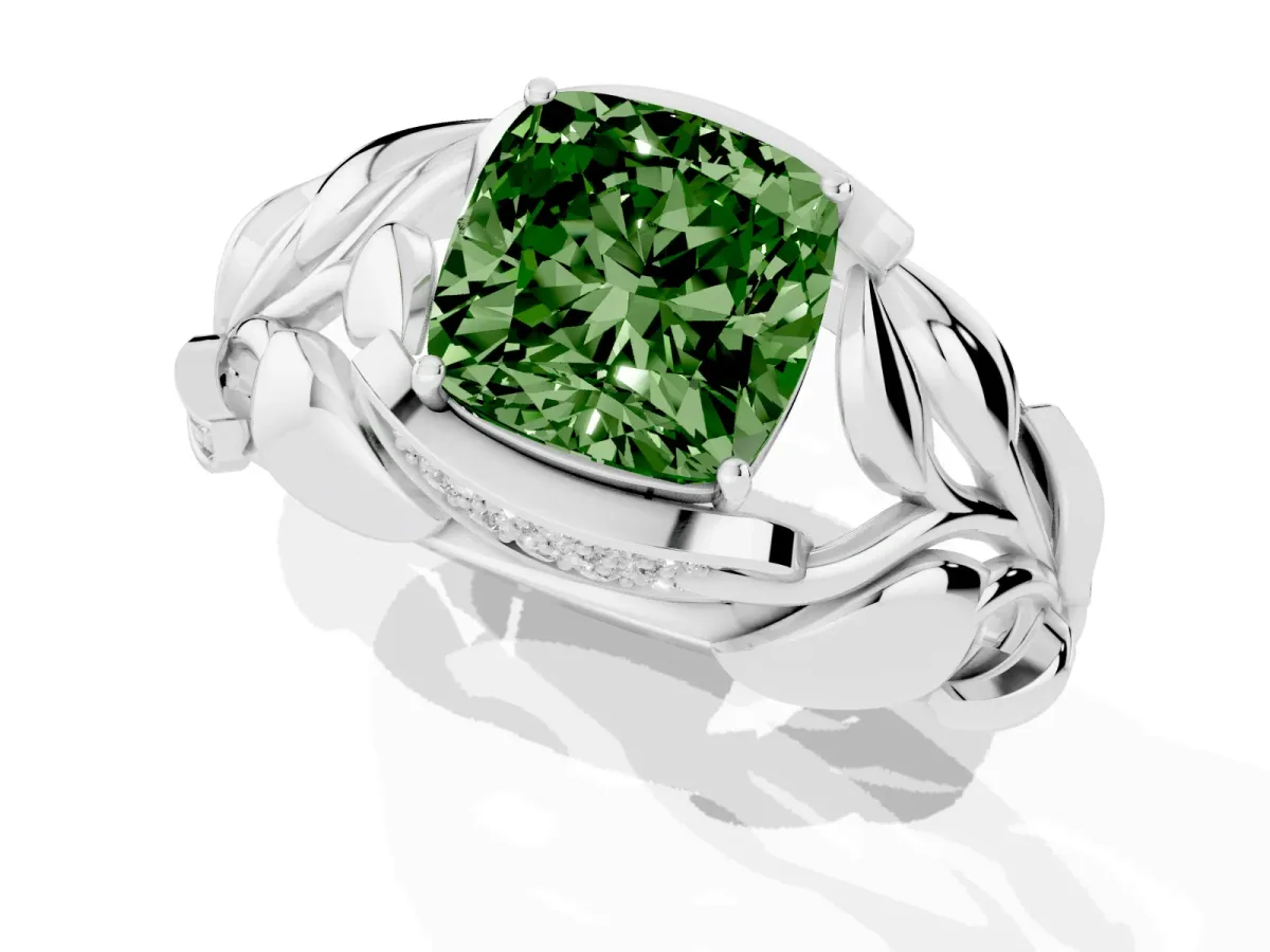 Fancy Green Cushion Cut Diamond Leaf-Inspired Engagement Ring with Round Accents and Prong Setting Platinum