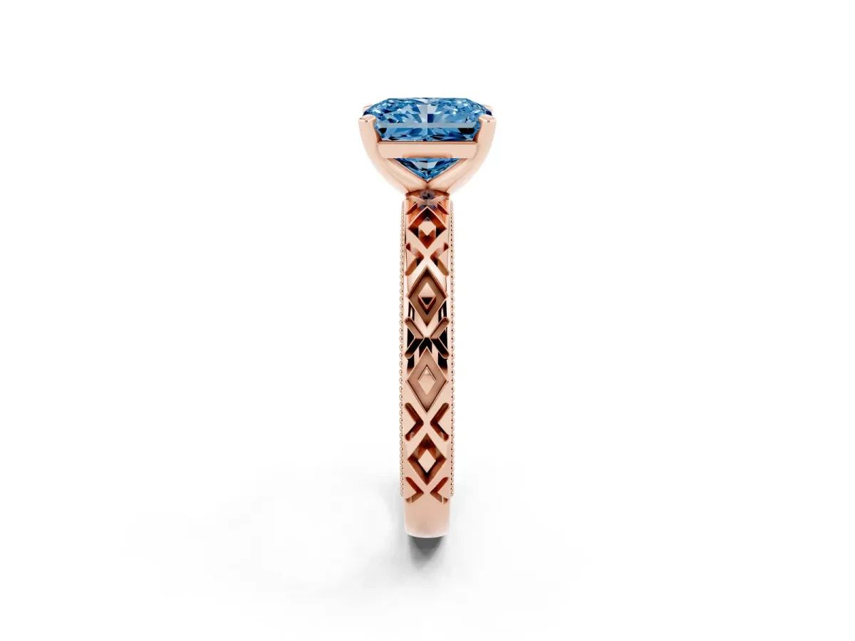 Fancy Blue Radiant Cut Solitaire Diamond Ring with Milgrain and Black Enamel X Pattern Band Rose gold