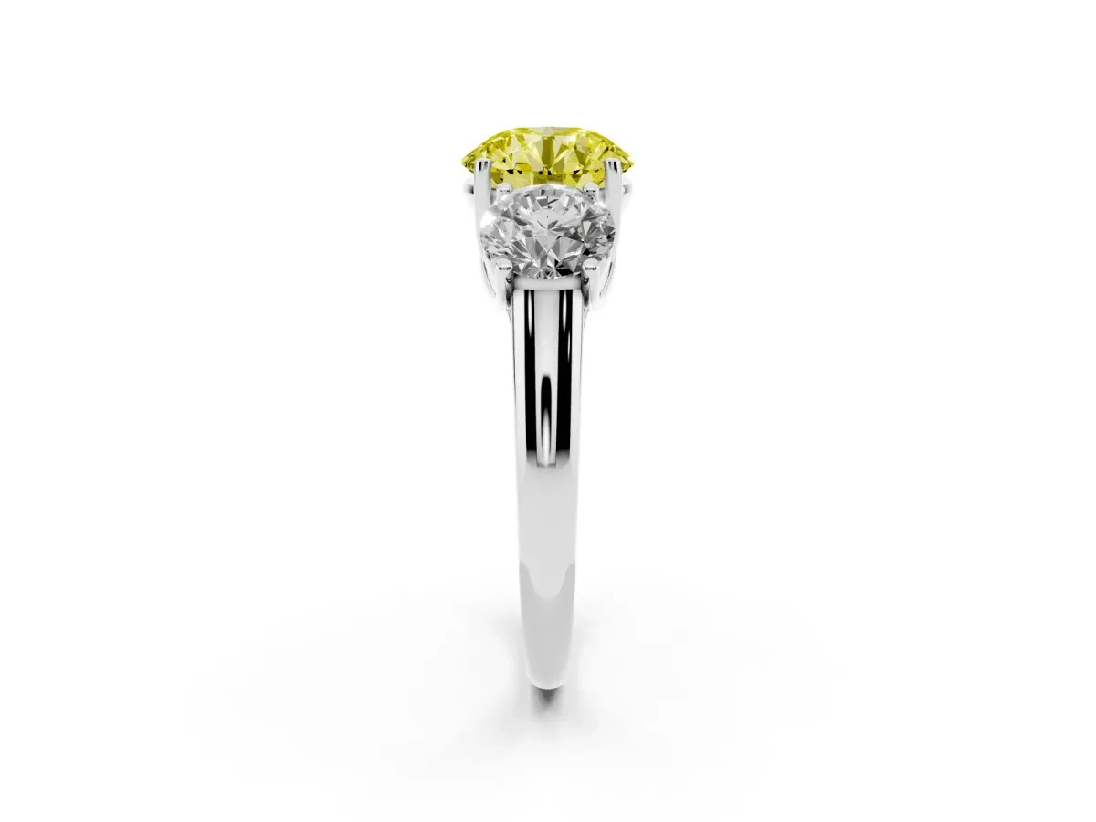 Fancy Yellow Three-Stone Round Cut Diamond Engagement Ring with Prong Setting Platinum