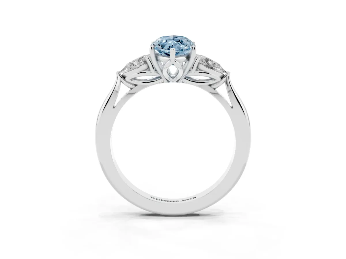 Fancy Blue Three-Stone Marquise Cut Brilliant Diamond Solitaire Ring with Tapered Band and Four-Prong Setting White gold