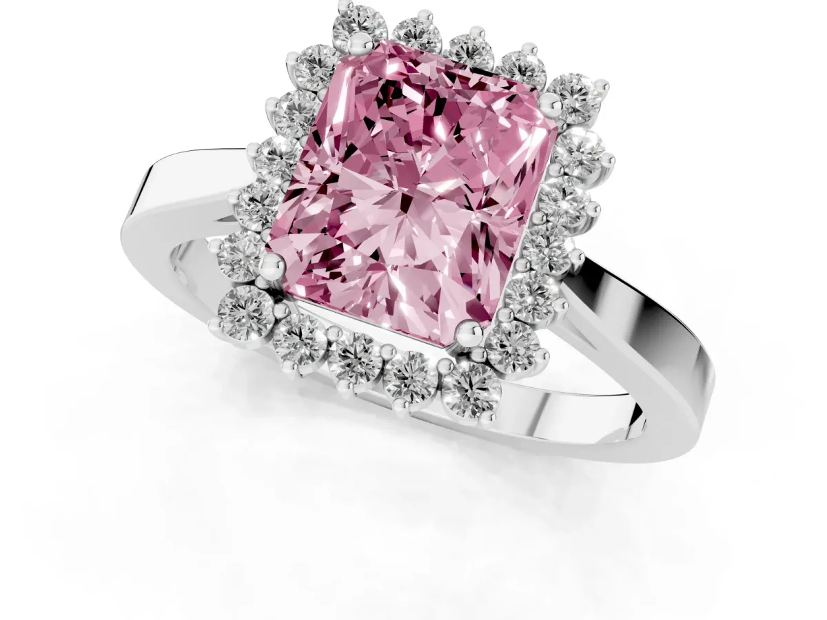 Fancy Pink Radiant Cut Cut Diamond Halo Ring with Round Brilliant Halo and Solitaire Band Platinum