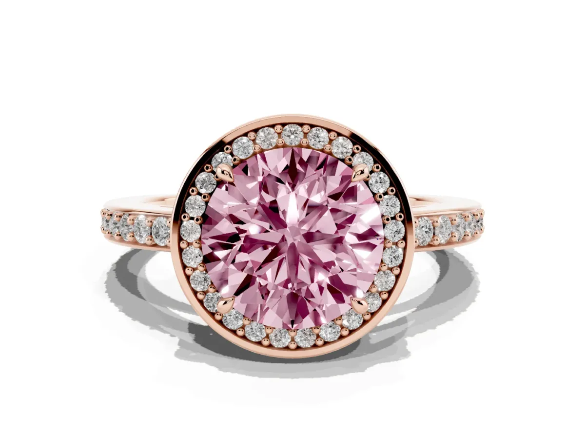 Fancy Pink Round Cut Halo Pave Band Solitaire Ring with Prong Setting Rose gold