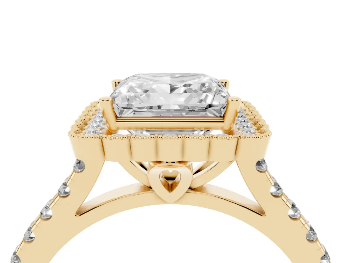 Princess Cut Cut Diamond Milgrain Floral Halo Engagement Ring with Pavé Band Yellow gold