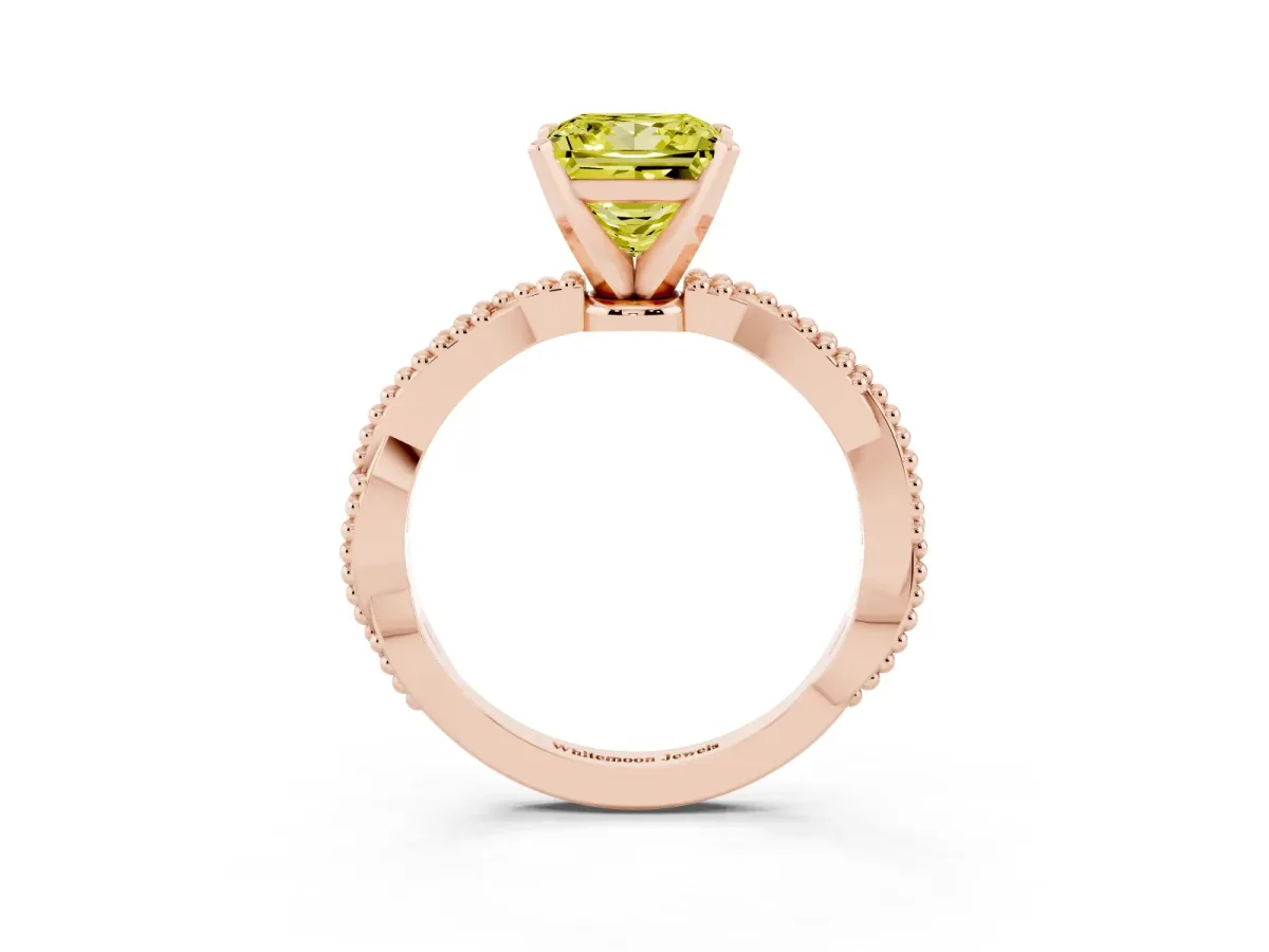 Fancy Yellow Princess Cut Solitaire Twisted Band with Bead Prong Setting Rose gold