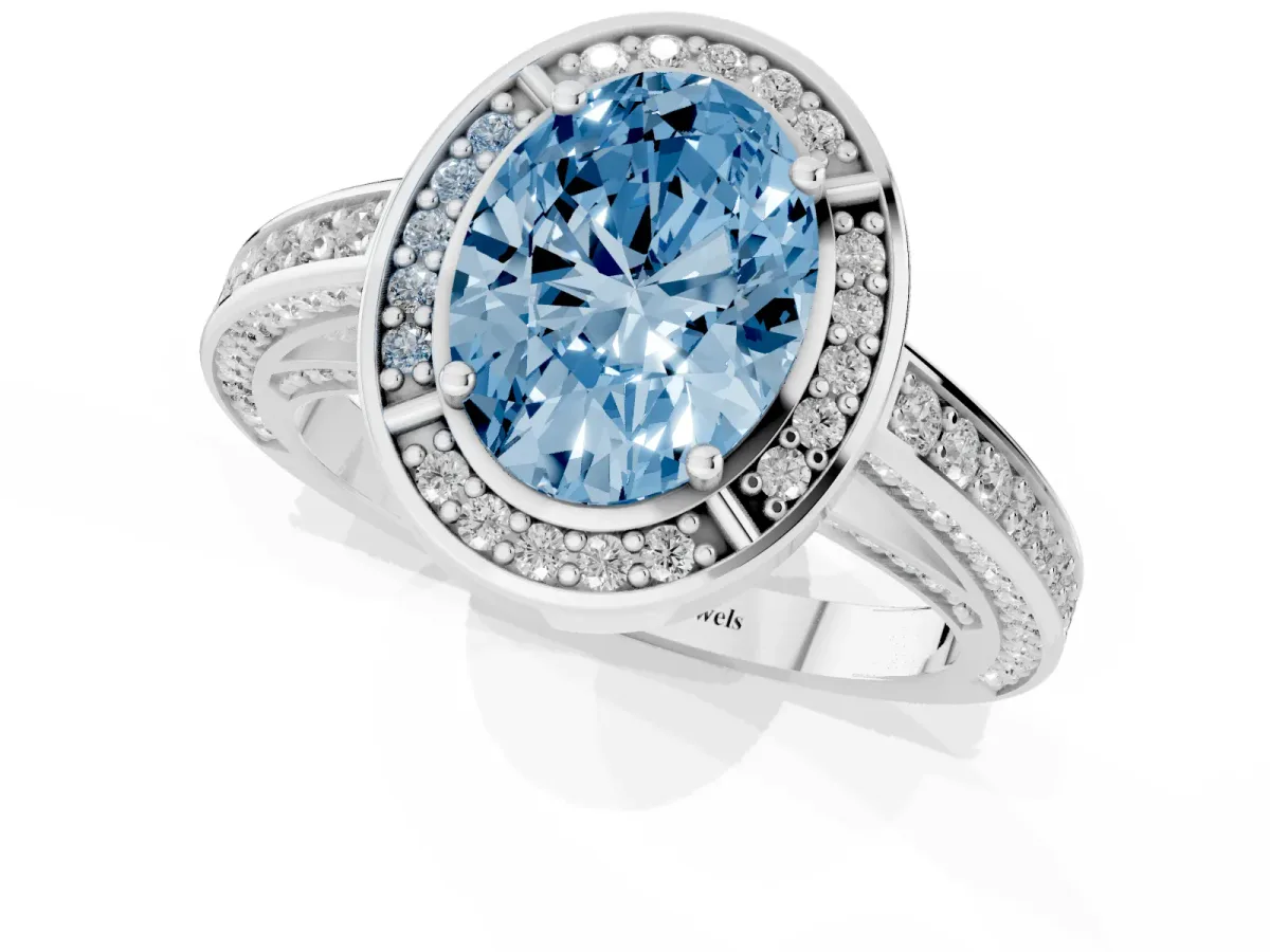 Fancy Blue Oval Cut Cut Halo Pave Split Shank Prong Setting Ring Silver