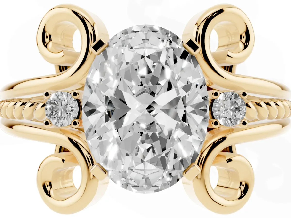 Oval Cut Solitaire Twisted Band Scroll Prong Ring Yellow gold