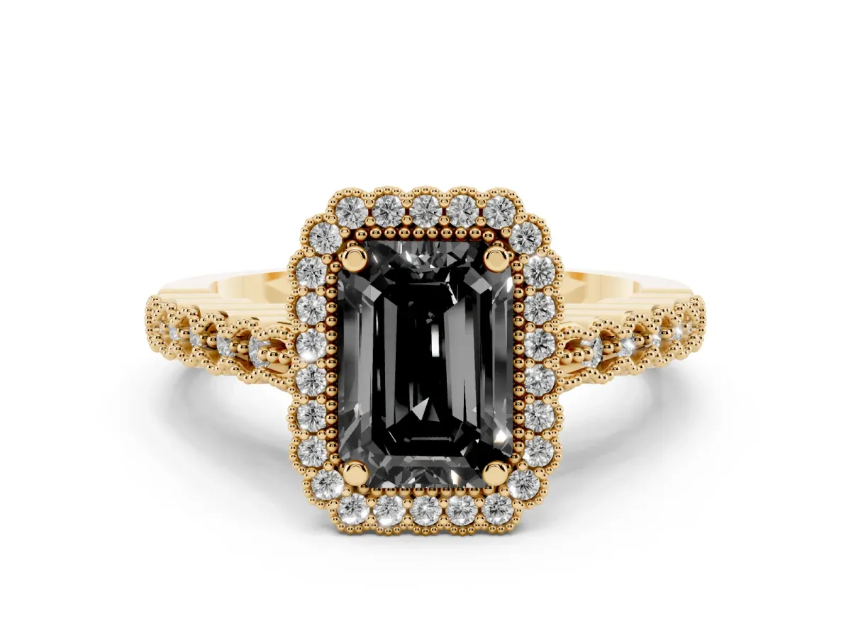 Fancy Black Emerald Cut Cut Halo Pavé Solitaire Ring with Milgrain Band Yellow gold
