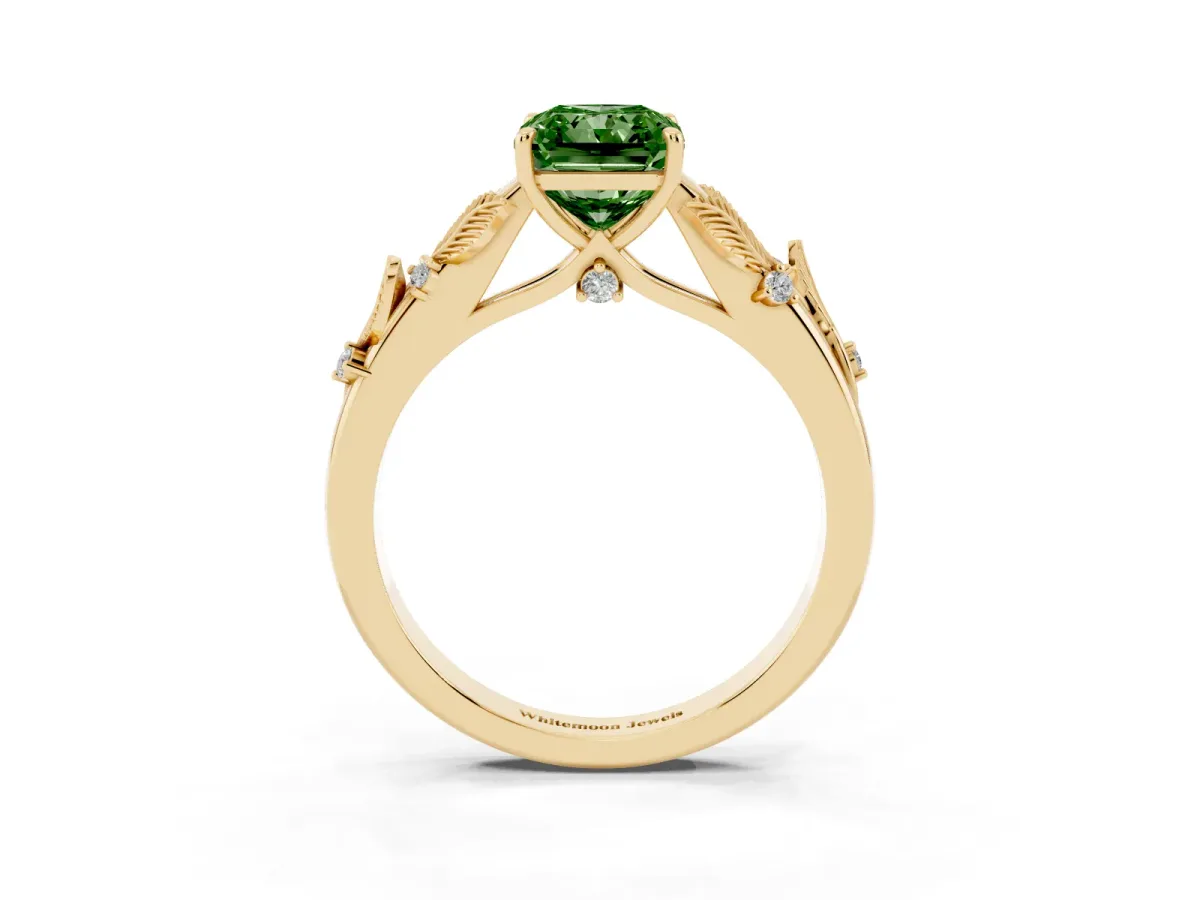 Fancy Green Radiant Cut Diamond Solitaire Ring with Leaf Motif Band and Four-Prong Setting Yellow gold