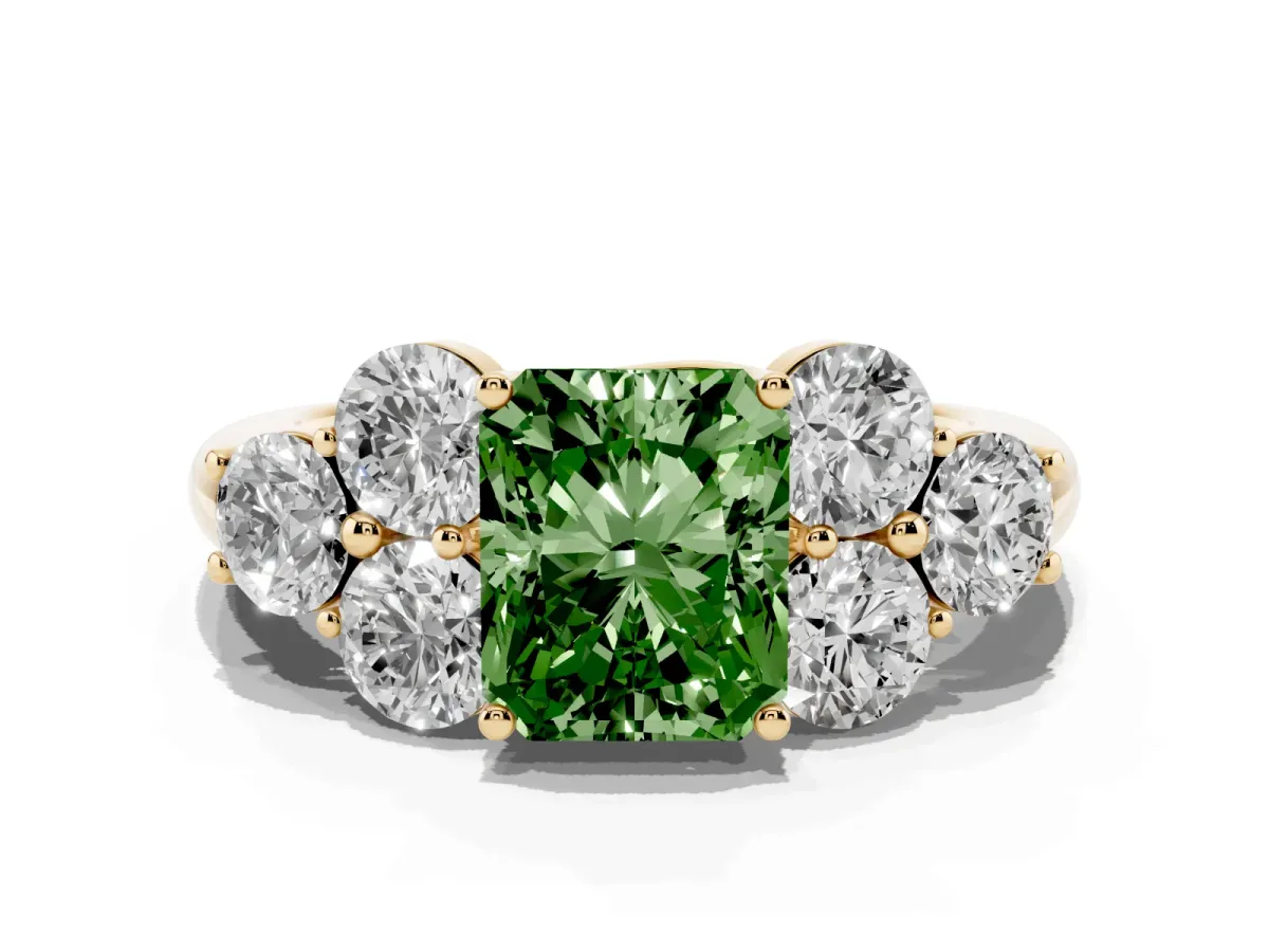 Fancy Green Radiant Cut Cut Diamond Cluster Ring with Round Accent Stones and Prong Setting on a Classic Band Yellow gold