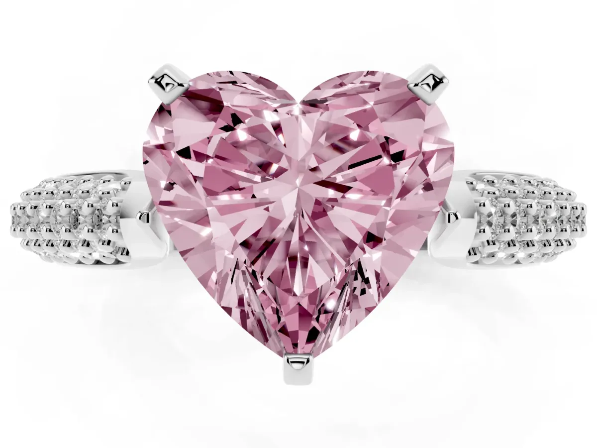 Fancy Pink Heart Cut Diamond Solitaire Engagement Ring with Multi-Row Round Pavé Band and Prong Setting Silver