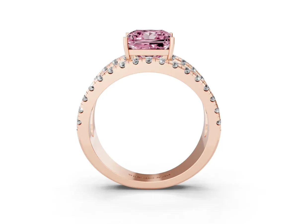 Fancy Pink Princess Cut Solitaire Split Shank Pave Diamond Ring Rose gold