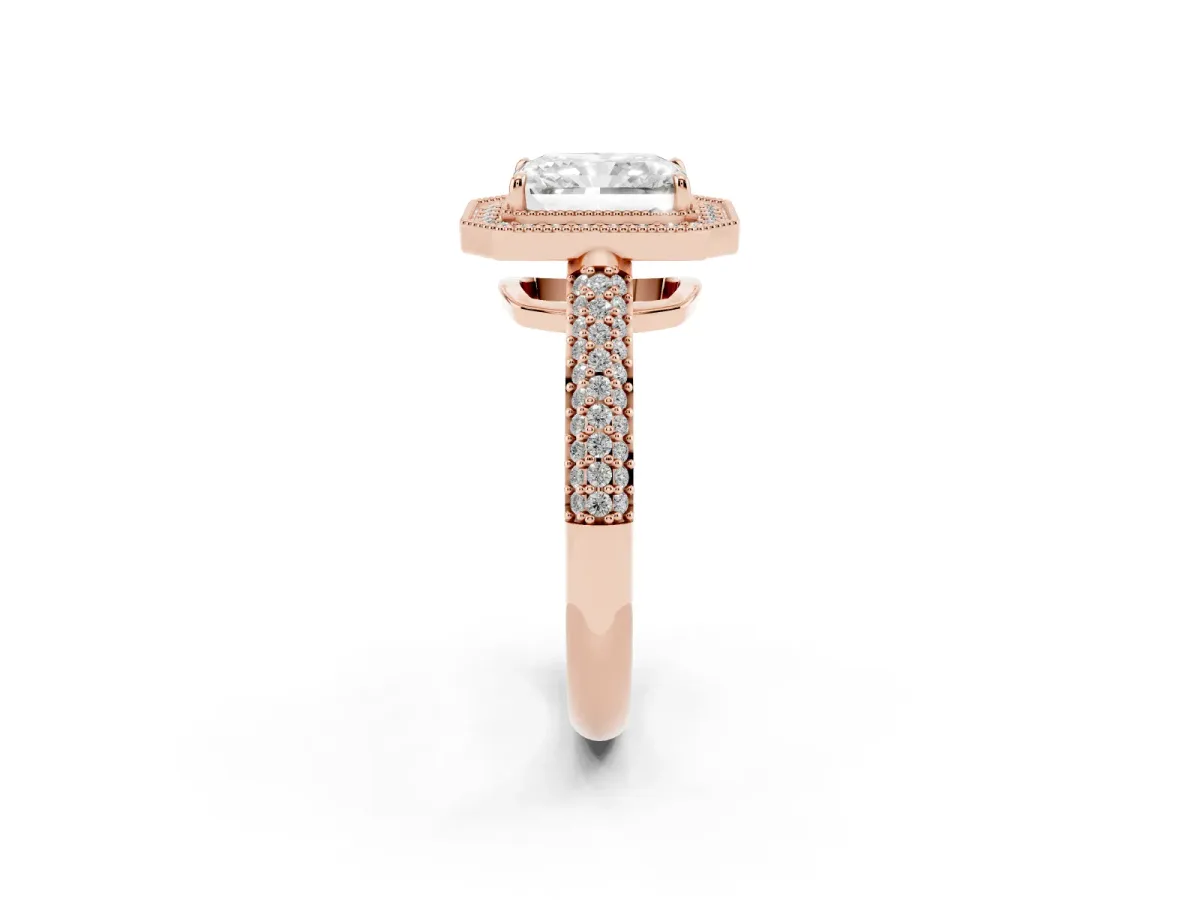 Radiant Cut Cut Halo Diamond Pave Band with Four-Prong Setting Rose gold
