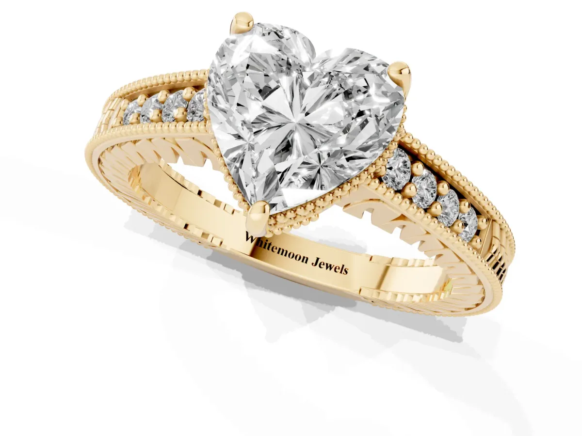 Heart Cut Solitaire Pavé Diamond Milgrain Engagement Ring with Four-Prong Setting Yellow gold