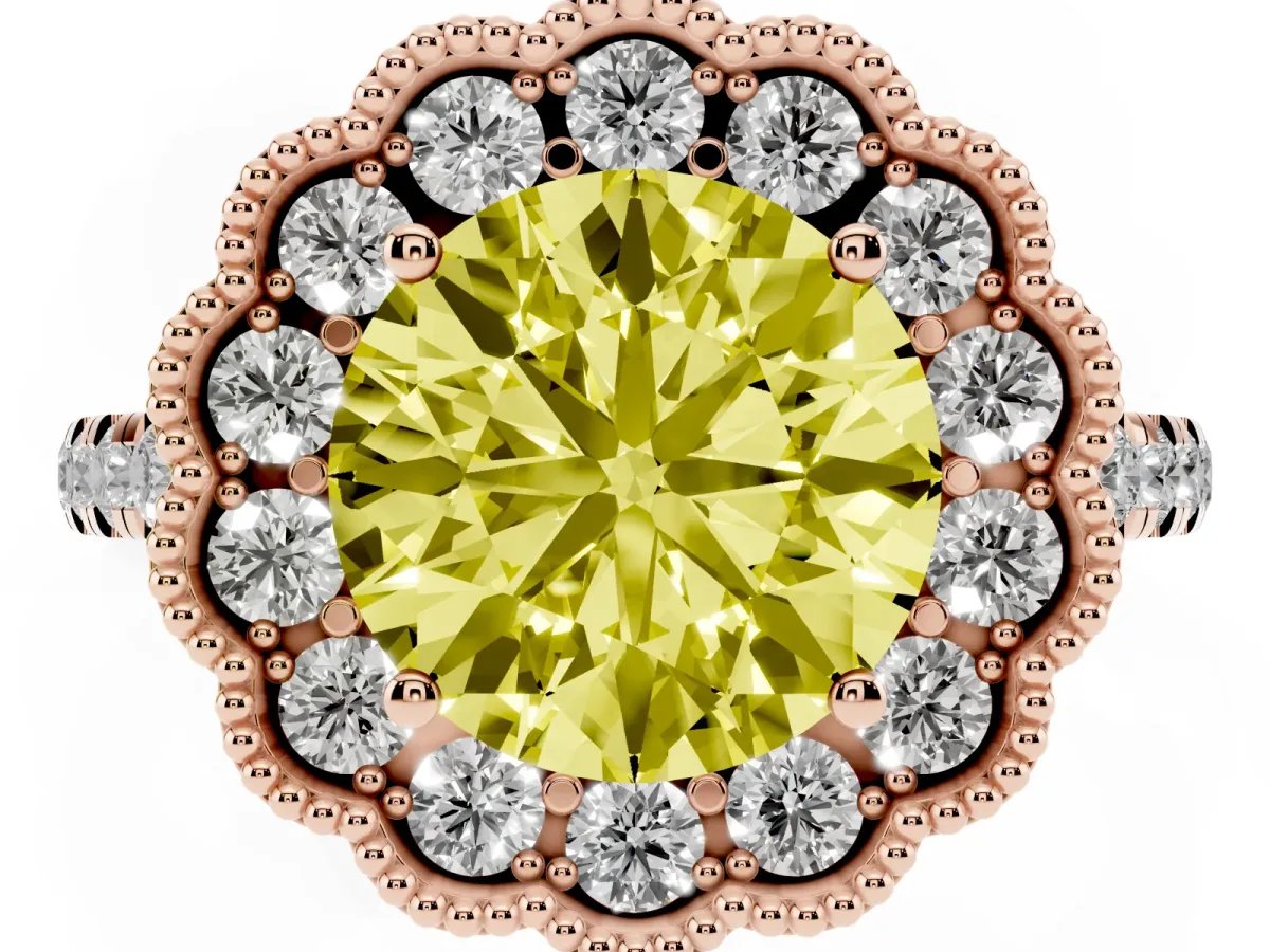 Fancy Yellow Round Cut Cut Diamond Milgrain Floral Halo Engagement Ring with Pavé Band Rose gold