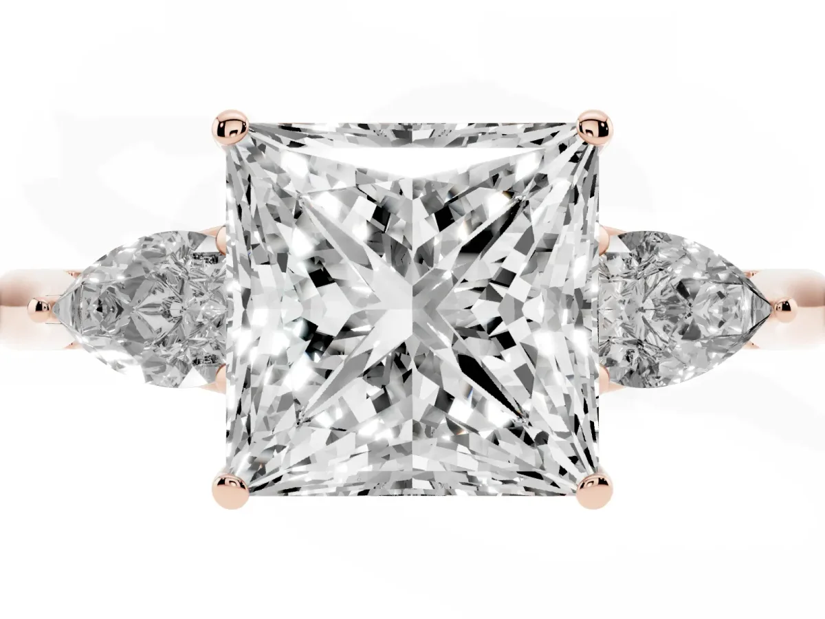 Three-Stone Princess Cut Diamond Ring with Pear Side Stones in Four-Prong Setting Rose gold