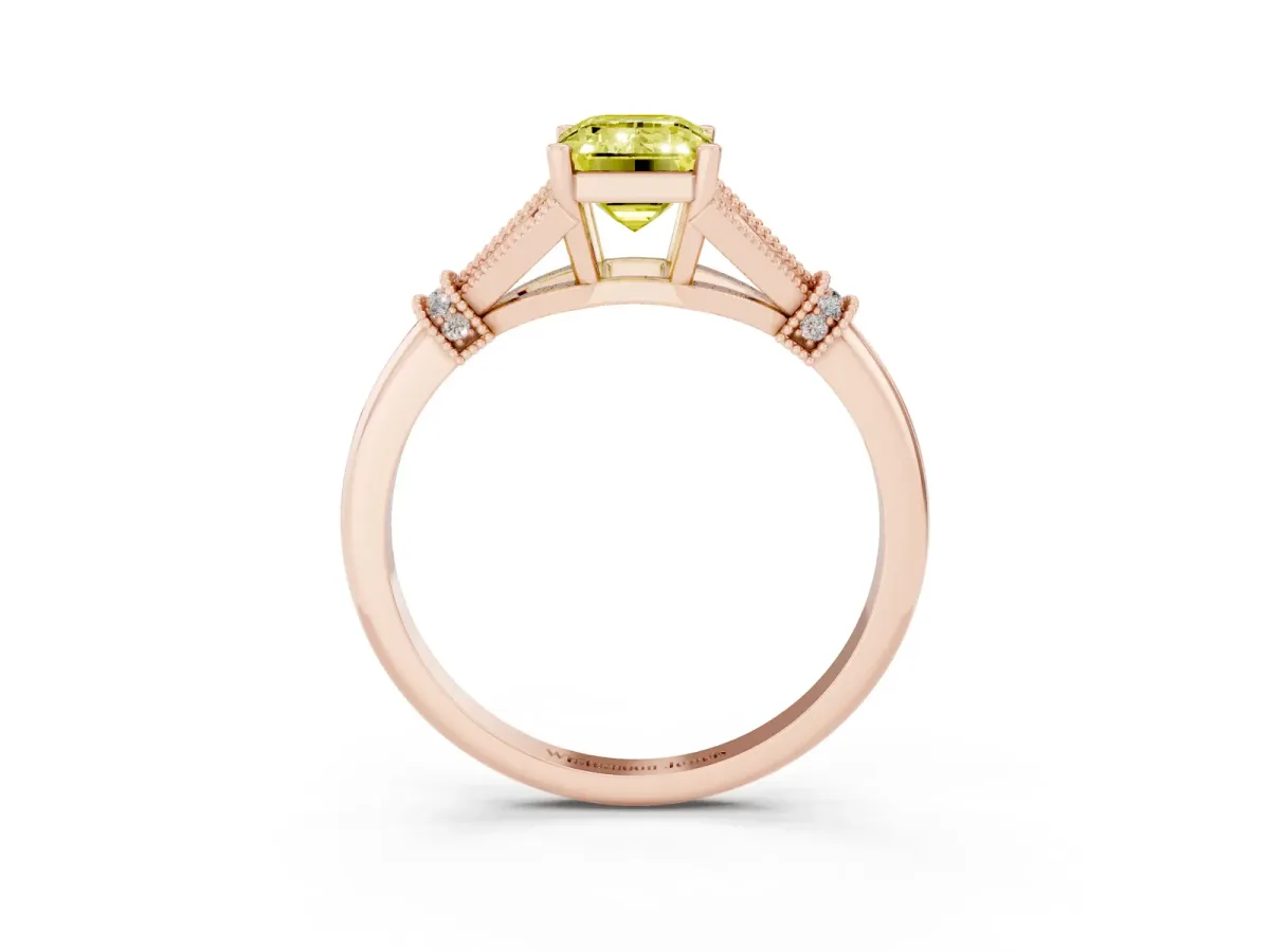 Fancy Yellow Emerald Cut Diamond Solitaire Ring with Floral Filigree and Pave Accents Rose gold