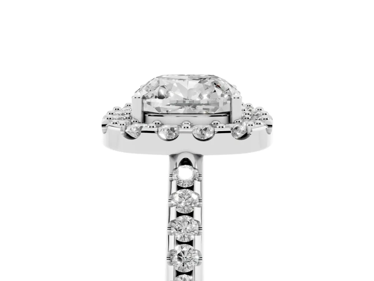 Cushion Cut Diamond Pavé Halo Ring with Four-Prong Setting Silver