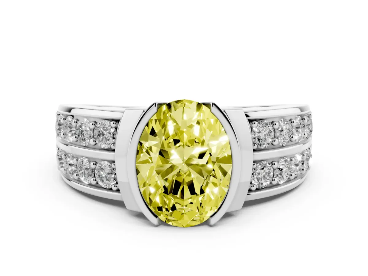 Fancy Yellow Oval Cut Brilliant Diamond Channel Set Wide Band Ring with Bezel Setting Platinum