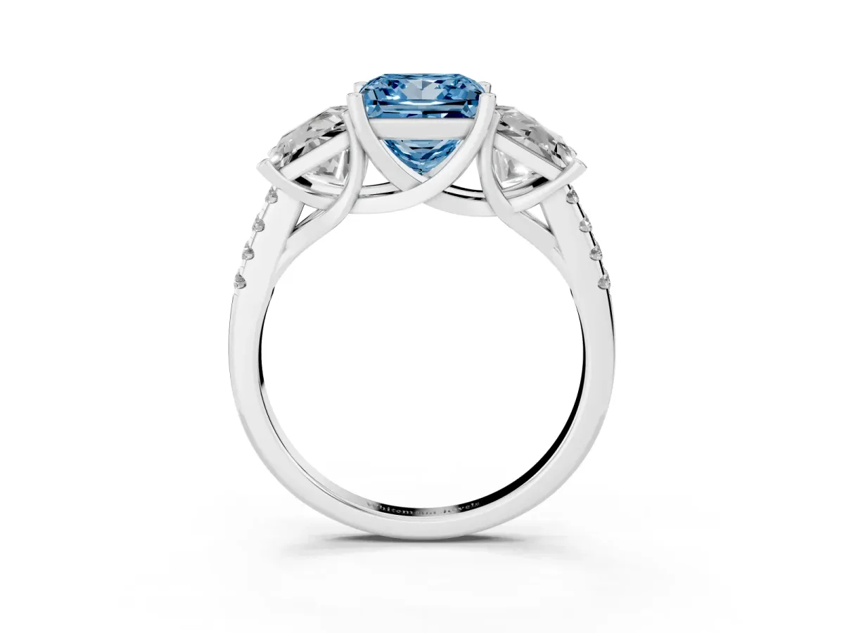 Fancy Blue Three-Stone Princess Cut Diamond Ring with Round Pavé Band and Prong Setting Silver