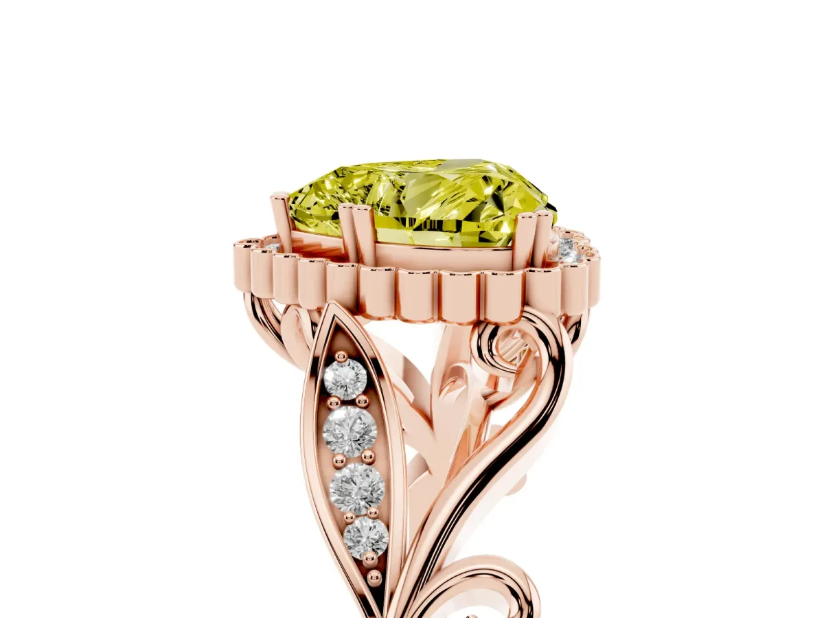 Fancy Yellow Heart Cut Diamond Halo Ring with Vintage Split Shank and Four-Prong Setting Rose gold