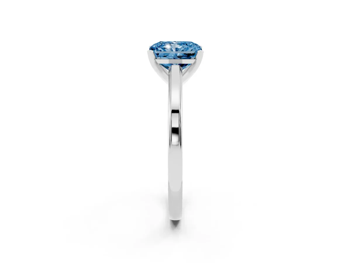 Fancy Blue Radiant Cut Solitaire Diamond Ring with Four-Prong Setting and Classic Band Platinum